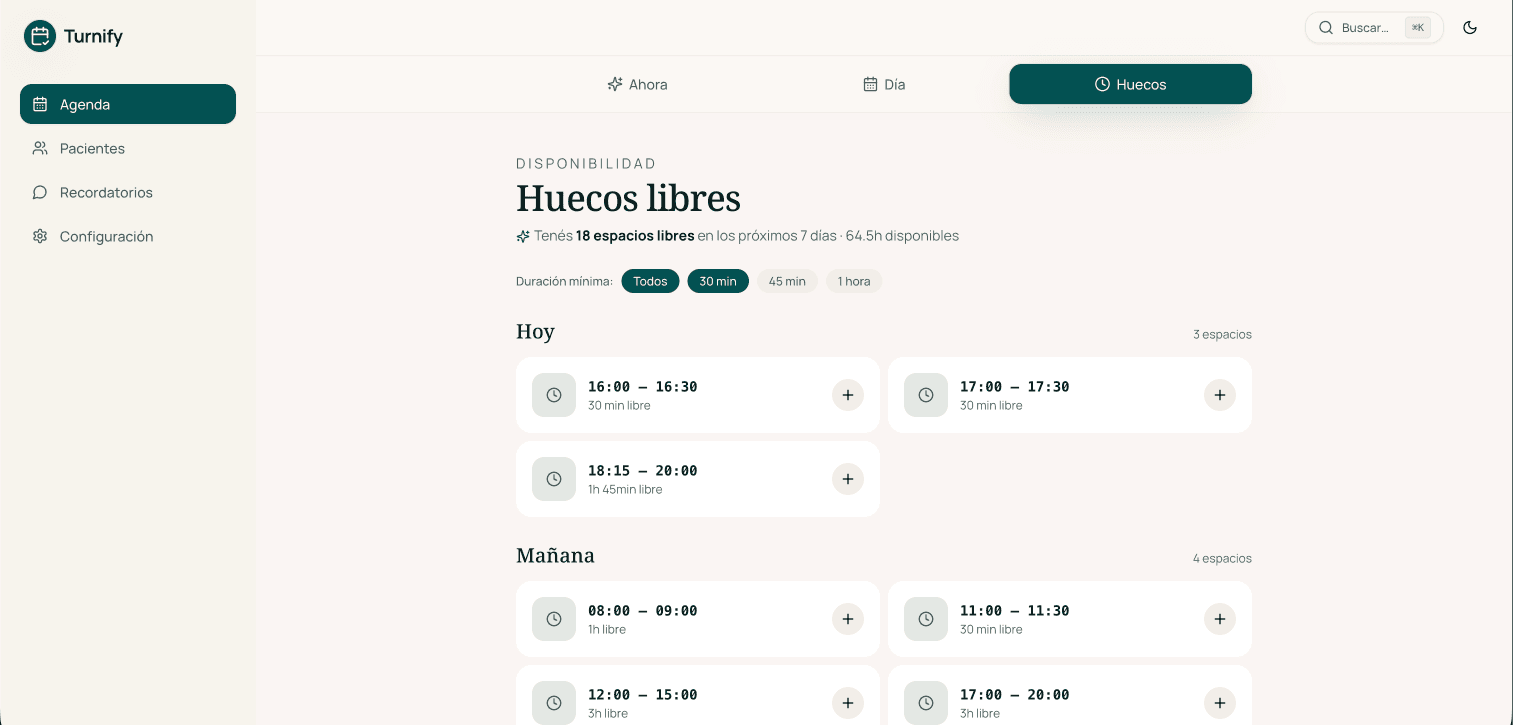 Vista de huecos libres en la agenda