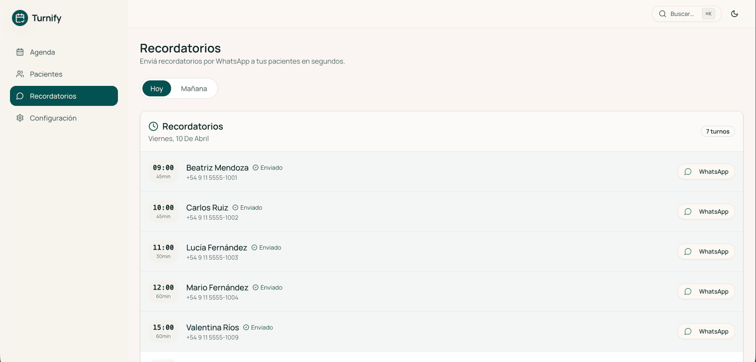 Vista de recordatorios con lista de pacientes